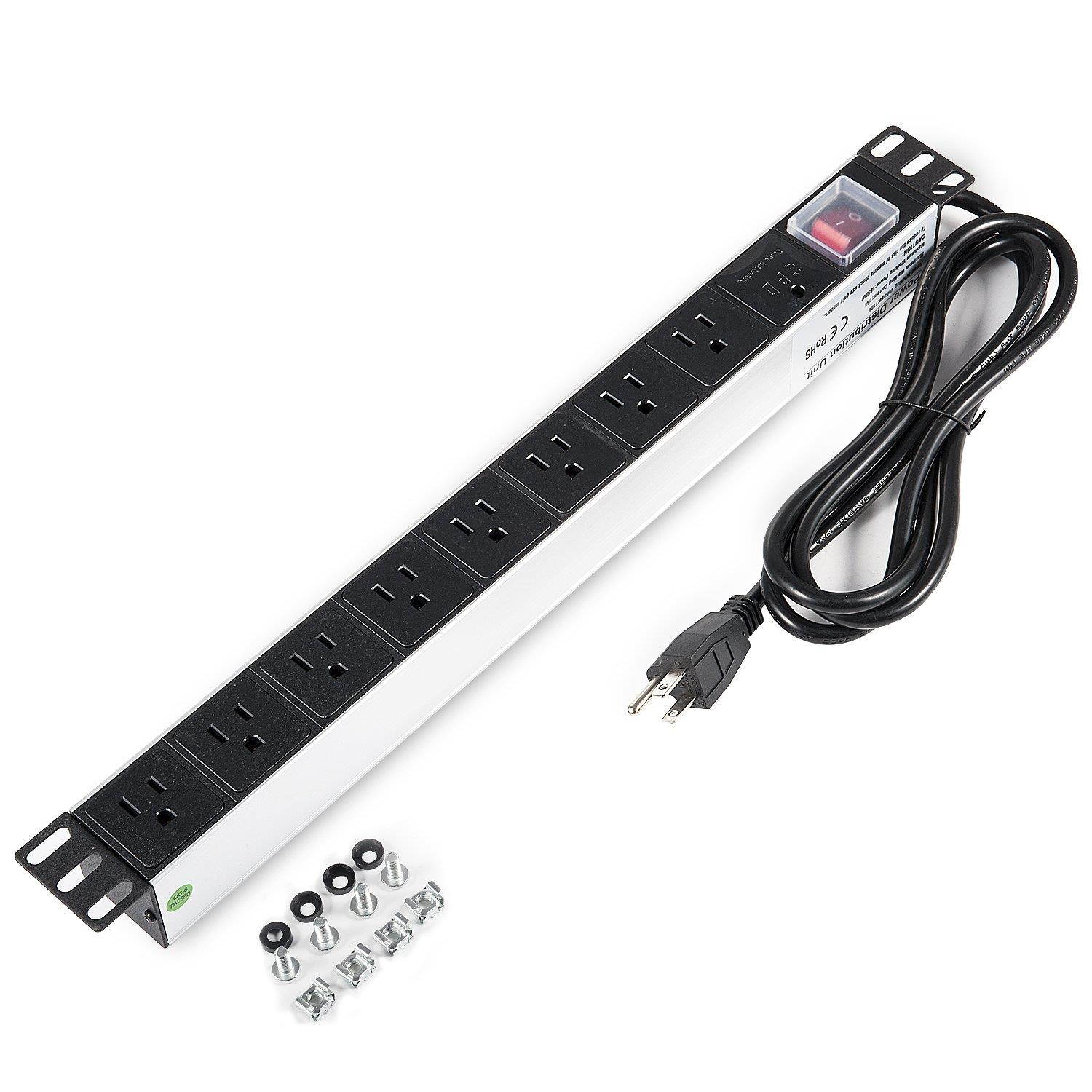 Kungfuking Aluminum Alloy Shell 8 Outlet Rack-Mount Server PDU, Power Distribution Unit, 1U/15A/110V, Power Strip with Surge Protector 6ft Power Cord (Silver)