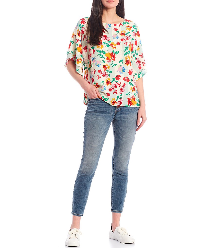 Bobeau Floral Print Double Ruffle Sleeve Jewel Neck Top