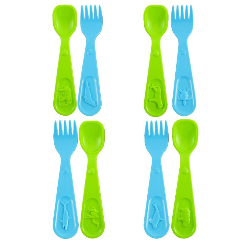 8 Piece Kids Forks and Spoons Set, Toddler Utensils for Self Feeding, Plastic Silverware with microbeFENCE Technology, Ocean & Zoo Theme