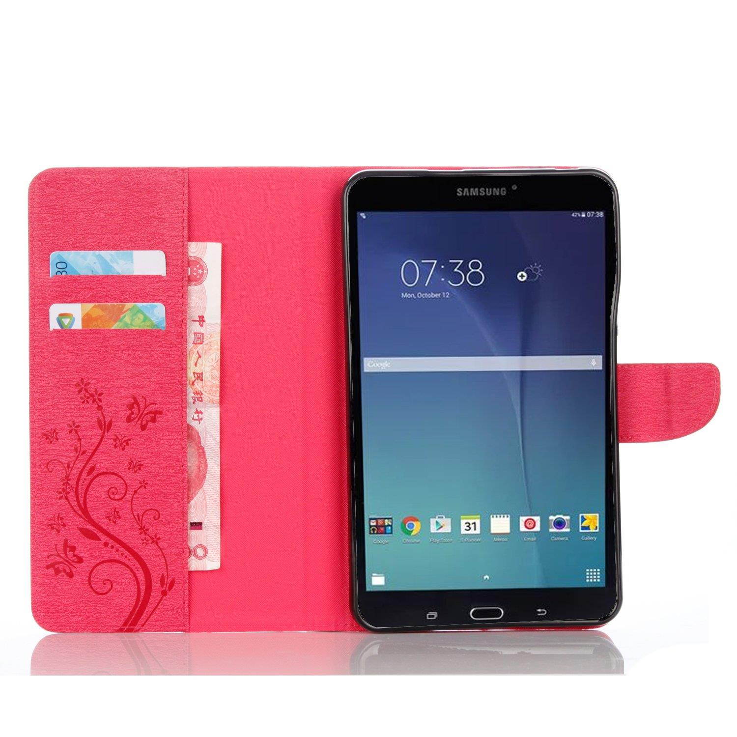 T377a/T377v Case, Galaxy Tab E 8.0" Tablet Case, Dteck Slim PU Leather Magnetic Closure Flip Stand Case [Embossed Flower Design] Protective Case for Samsung SM-T375/T377 4G LTE Verizon,Rose
