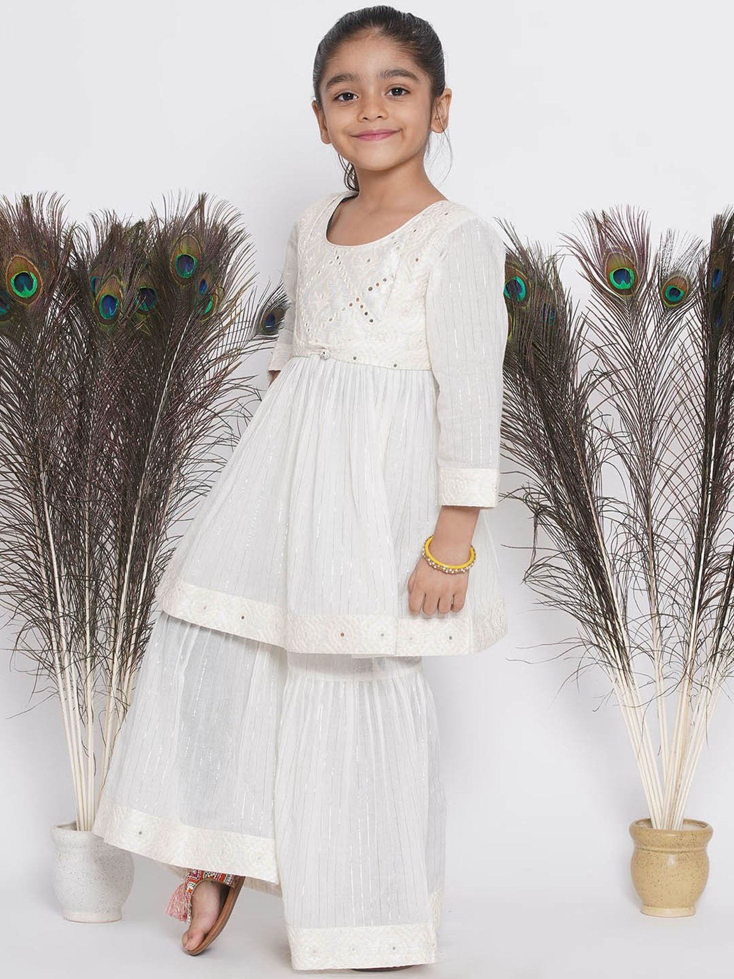 Little Bansi Kids Cream Embellished Kurta, Sharara with Dupatta