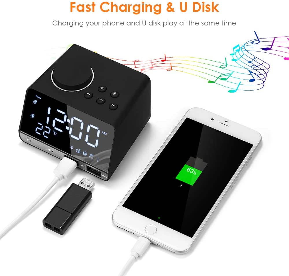 4.2 Inch Alarm Clock Radio, Bluetooth Speaker with Dual Snooze Clock USB Charging Port, AUX TF Card Play, Thermometer, Large Mirror LED Dimmable Display for Bedroom, Kitchen, Hotel, Table, Desk