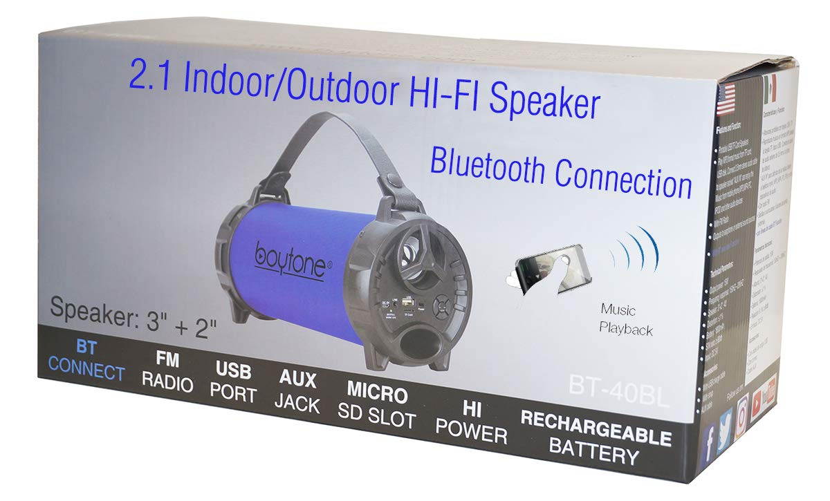 Boytone BT-40BL Portable Bluetooth Indoor/Outdoor Speaker 2.1 Hi-Fi Cylinder FM Built in Rechargeable Battery