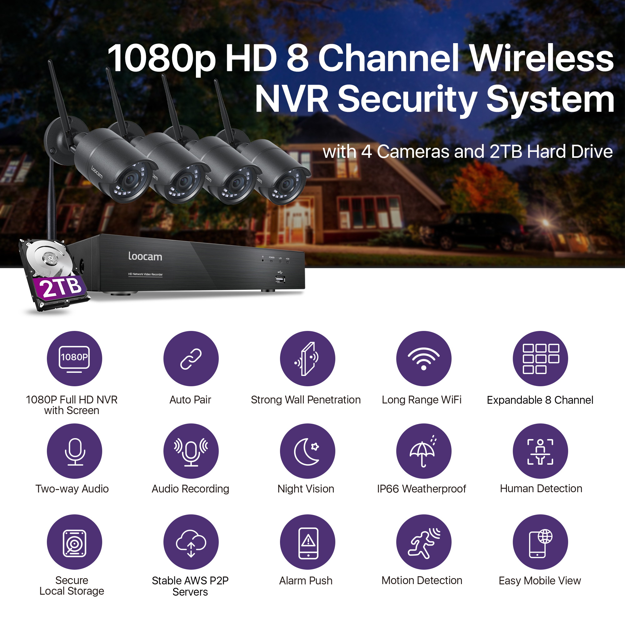 Loocam Ultra Long Distance Wireless H.265+ 1080P Full HD 8Channel Wireless NVR Security System with 4 Cameras Two-way Audio IP66 Weatherproof 2TB Hard Drive