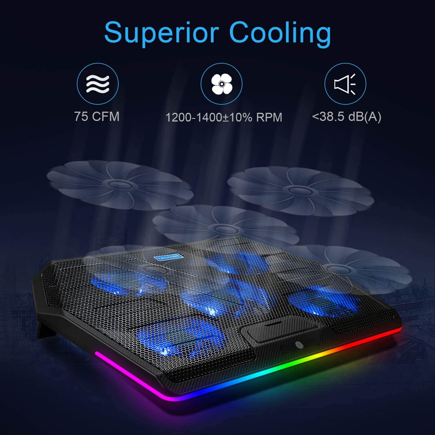RGB Laptop Cooling Pad Cooler for 15.6-17 Inch Laptop with 5 Quiet Fans and Touch Control, 2 USB Port