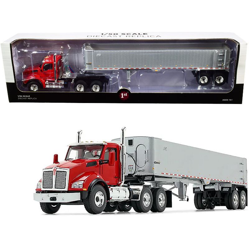 Kenworth T880 Day Cab with East Genesis End Dump Trailer Viper Red and Silver 1/50 Diecast Model by First Gear