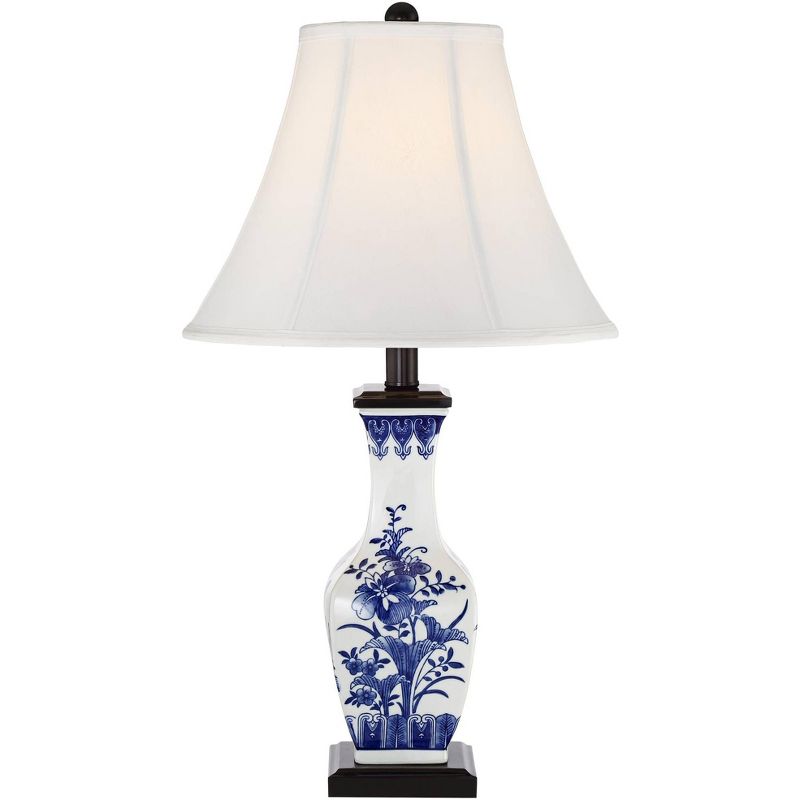 Barnes and Ivy Asian Accent Table Lamp Ceramic Blue Floral Vase White Bell Shade for Living Room Family Bedroom Bedside Nightstand