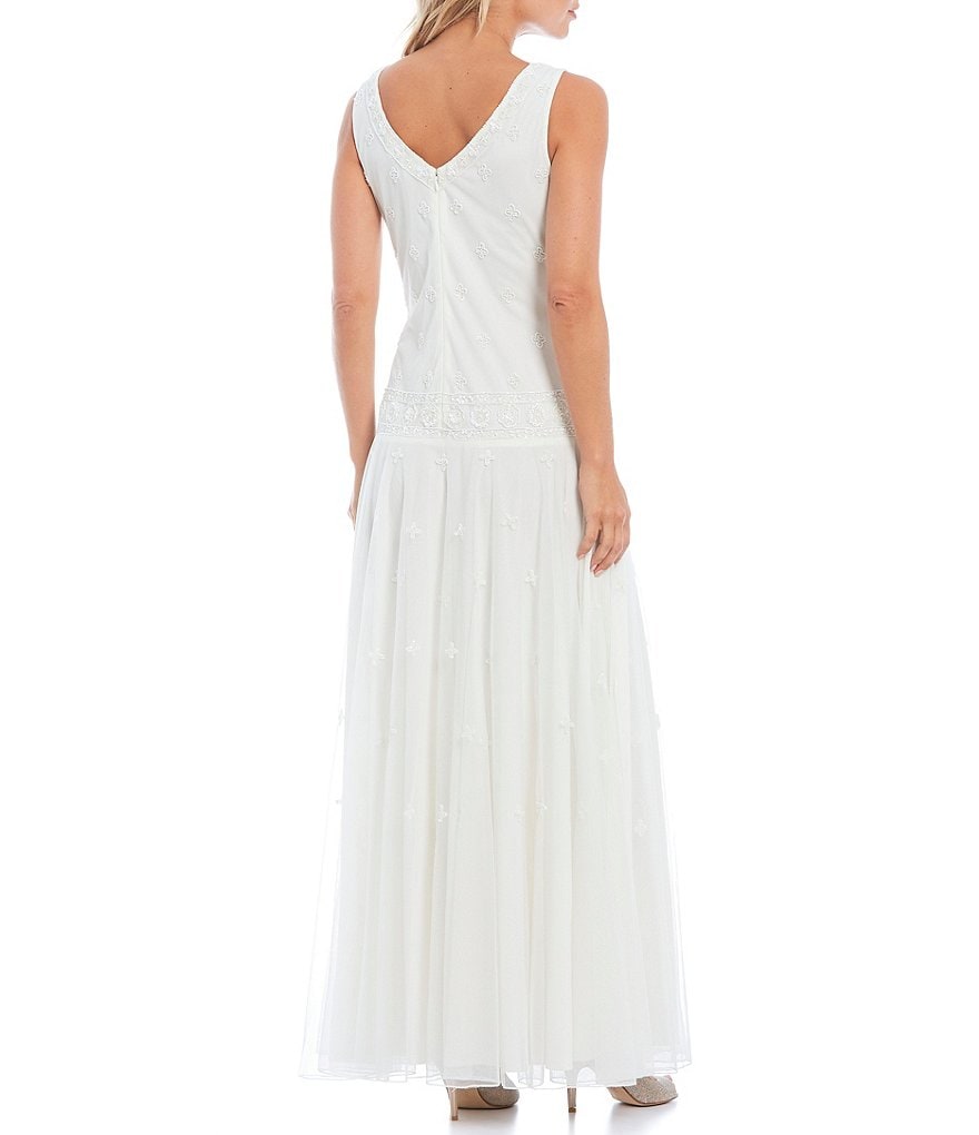 Jkara Sleeveless V-Neck Chiffon Beaded Bodice & Skirt Gown
