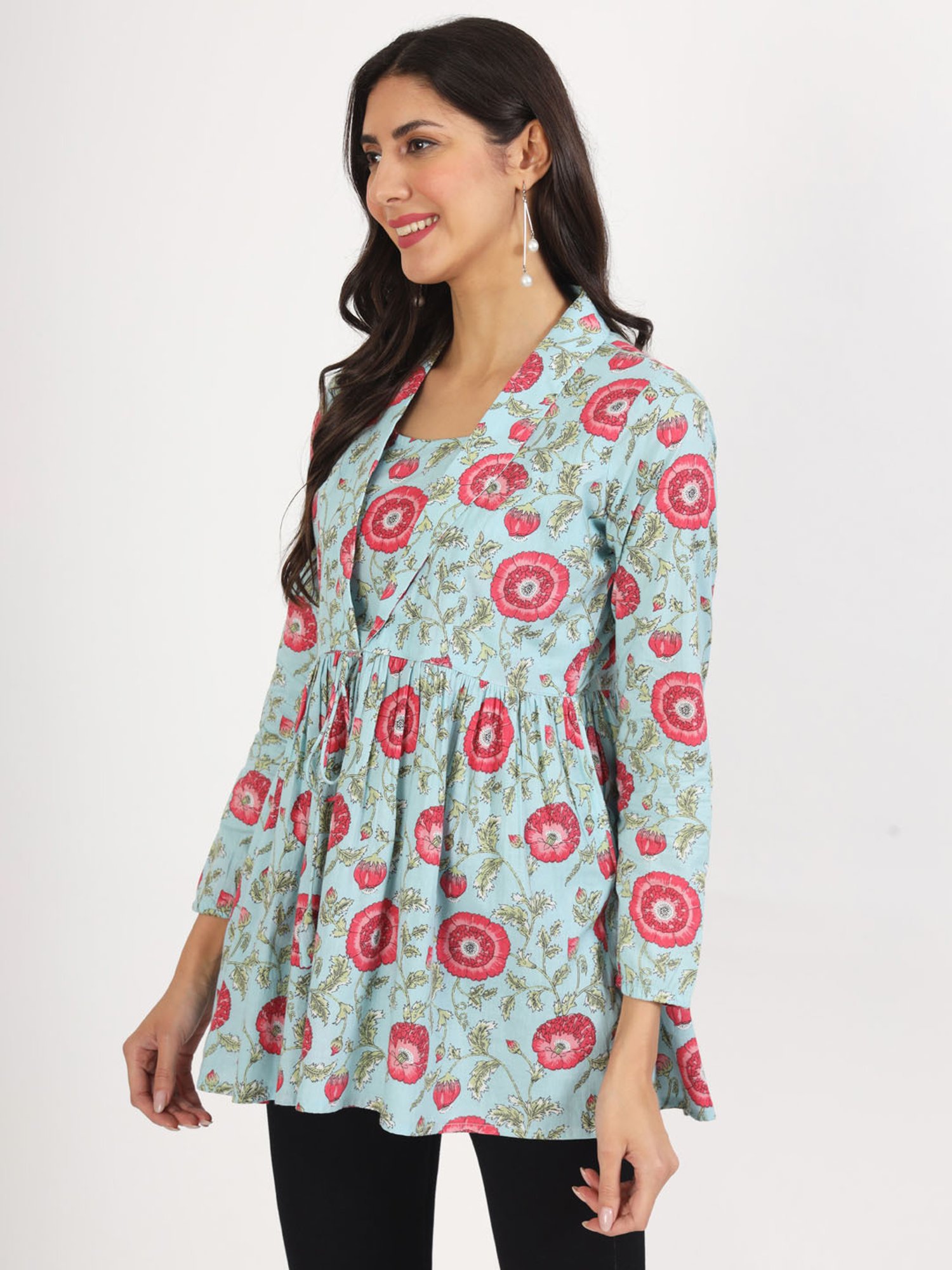 Divena Sky Blue Cotton Floral Print Top