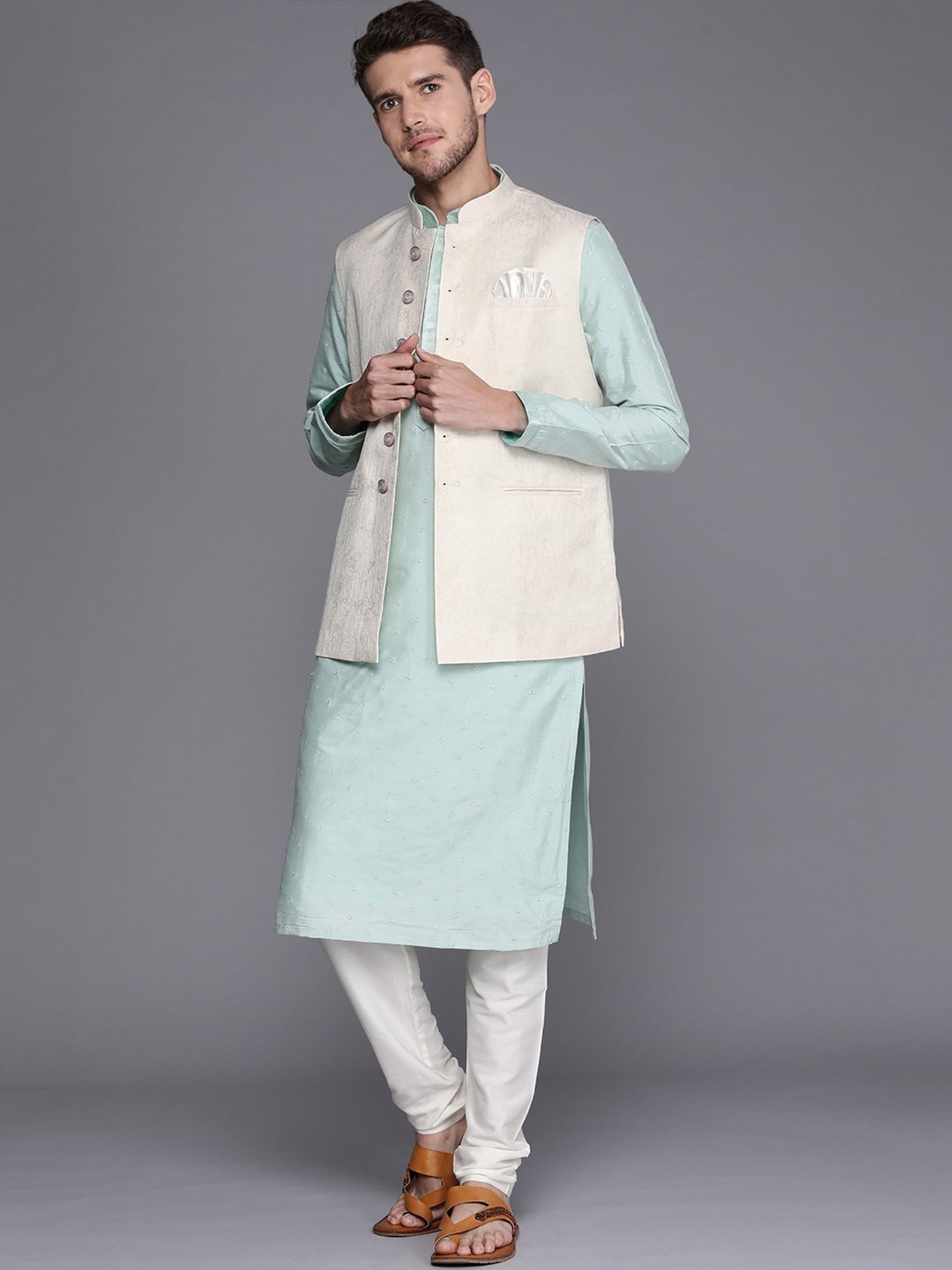 Manyavar Cream Regular Fit Self Design Nehru Jacket