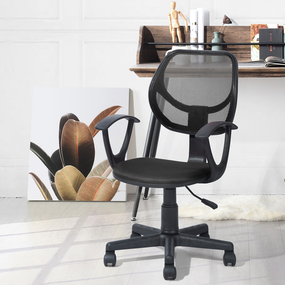 Mid Back Mesh Office Chair Ergonomic Swivel Black Mesh Computer Chair Flip Up Arms With Lumbar Support Adjustable Height Task Chair