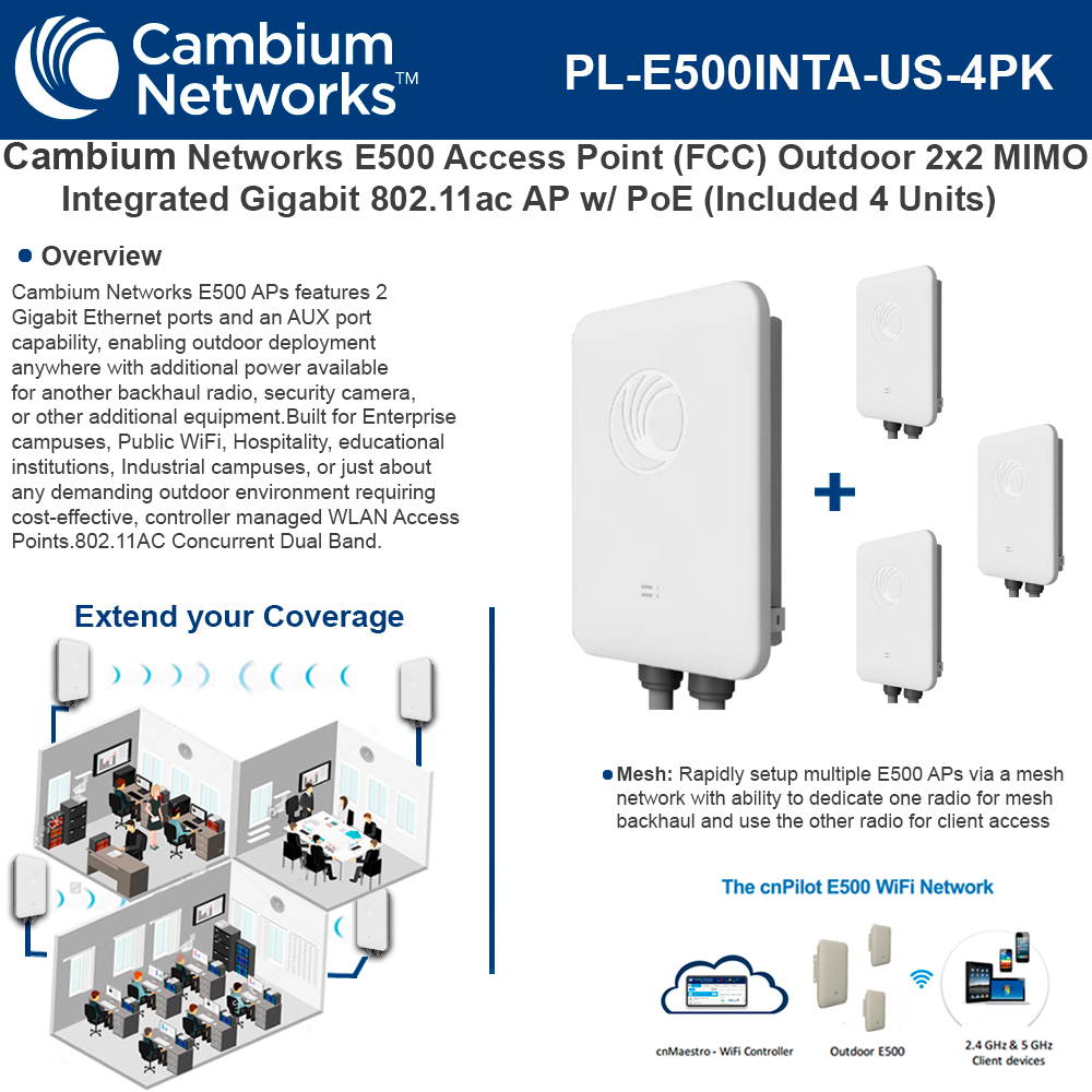 Cambium Networks cnPilot e500 4 Units Outdoor Omni 2x2 MIMO Integrated 802.11ac Wi-Fi Systems Access Point with PoE Injector - PL-E500INTA-US **US Version**