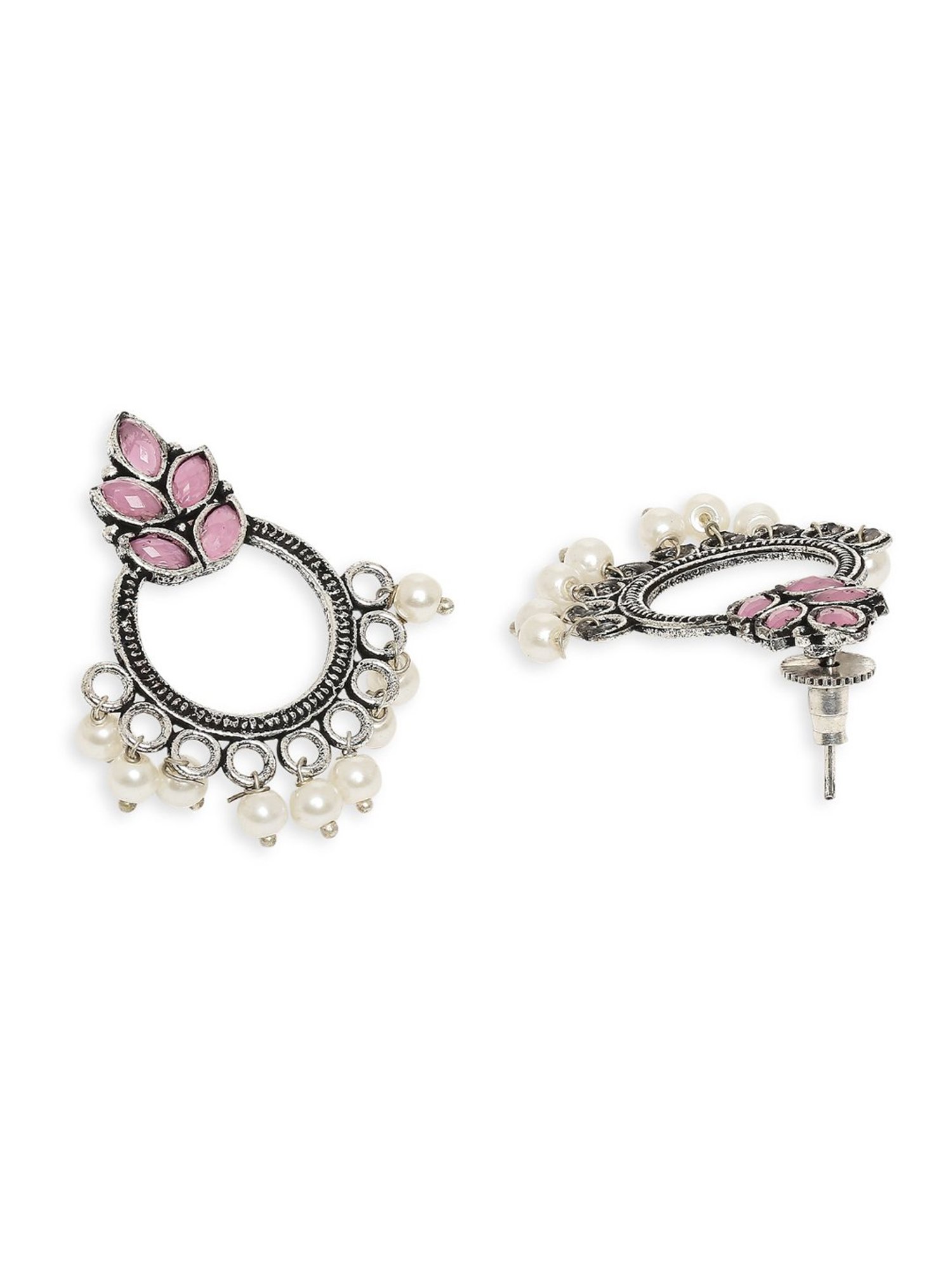 OOMPH Jewellery Oxidised Silver Look Alike Pink S& Pearls Floral Design Ethnic Small Dangler