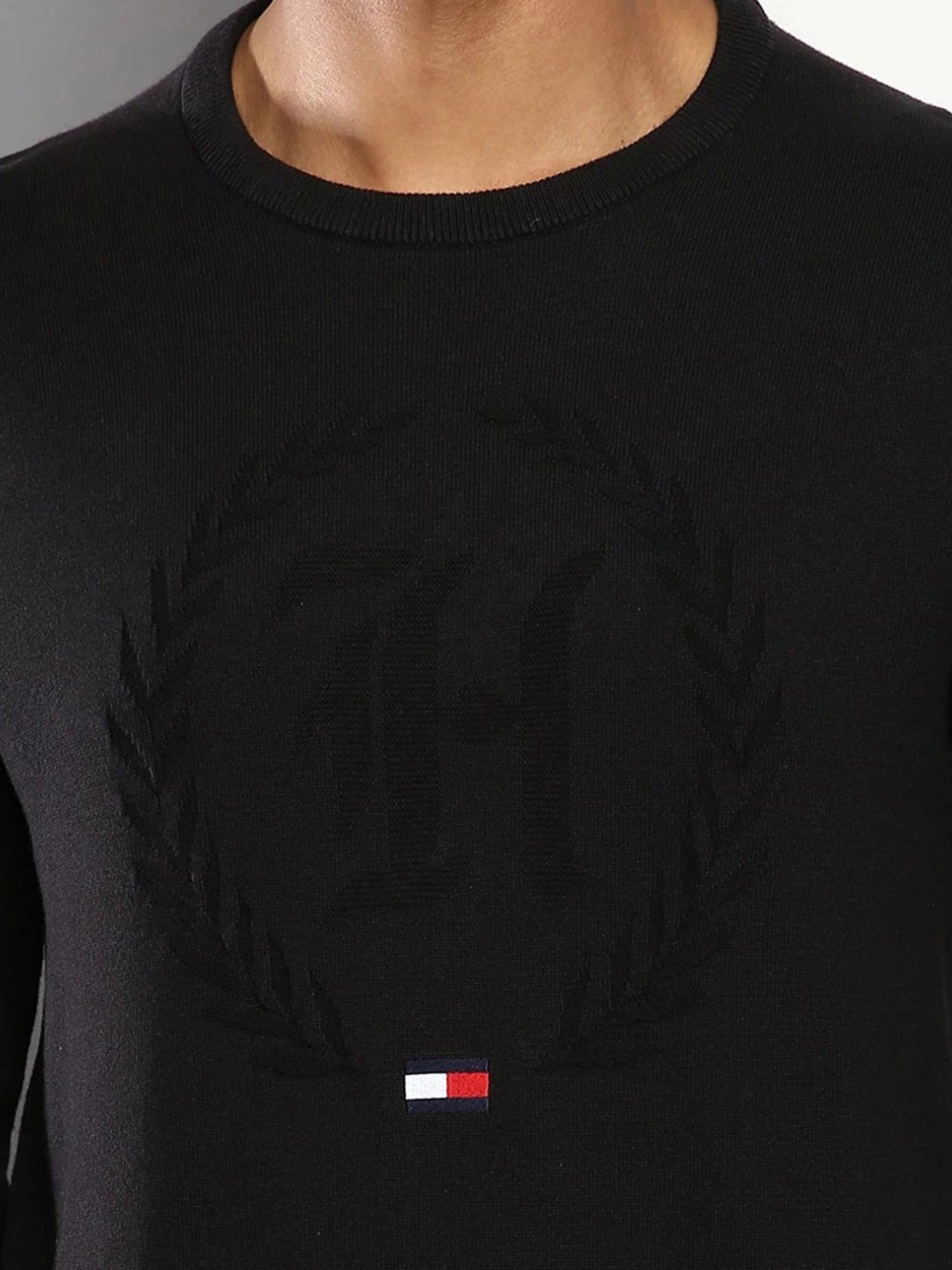 Tommy Hilfiger Black Cotton Regular Fit Self Pattern Sweater