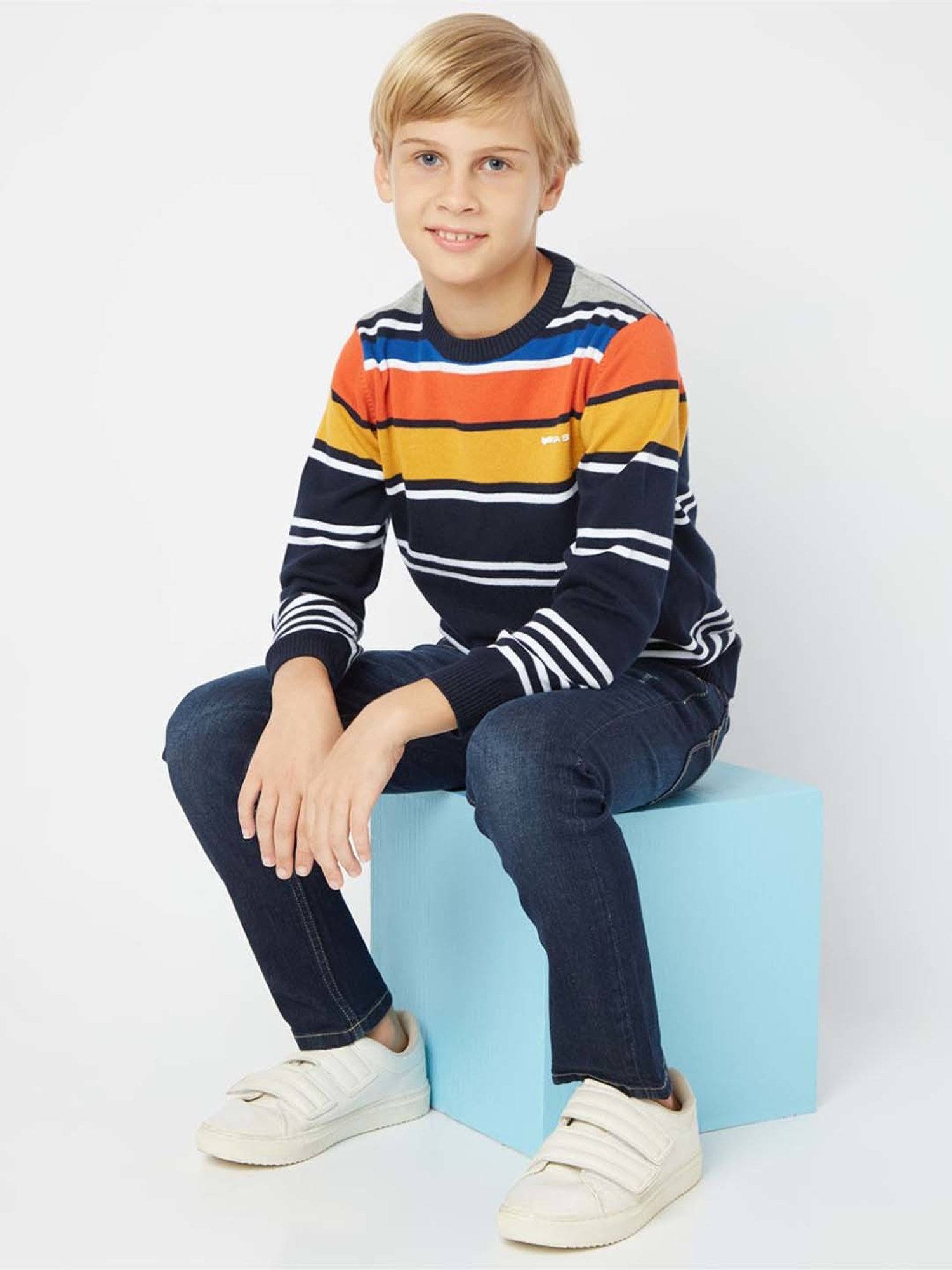 Gas Kids Multicolor Cotton Striped Full Sleeves Pullover Sweater