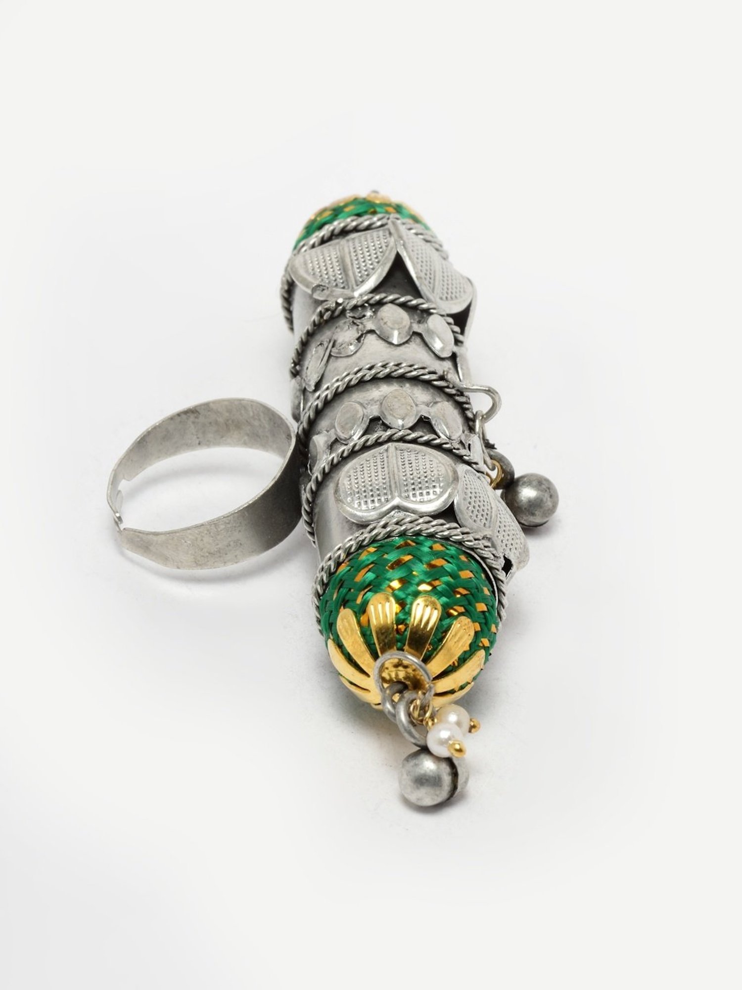 Moedbuille Handwoven Antique Temple Design Oxidised Silver Plated Tribal Filigree Finger Ring