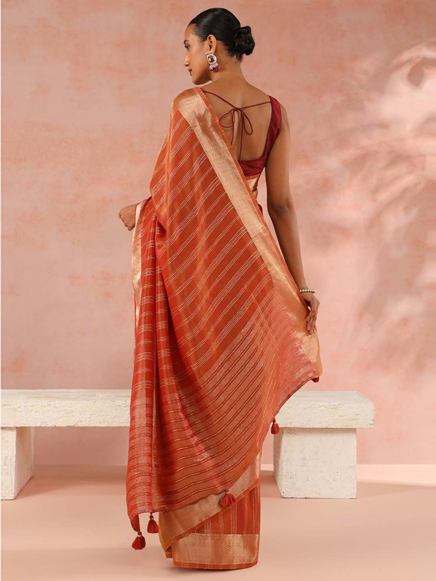 Taneira Orange Woven Saree With Unstitched Blouse