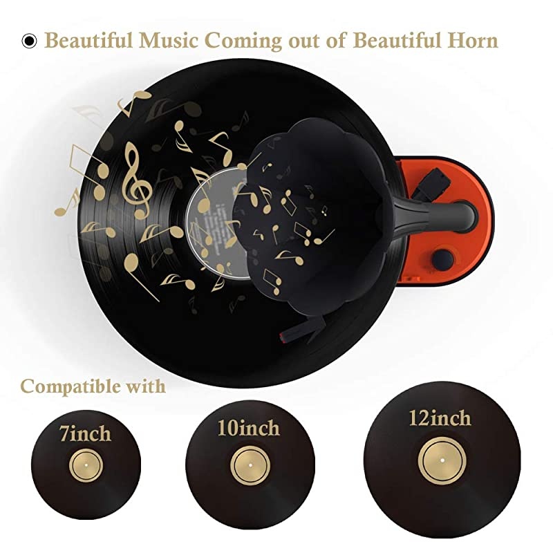 Record Player with Horn Speaker for 3345 RPM RecordsMini Gramophone Supporting Bluetooth Playback Orange