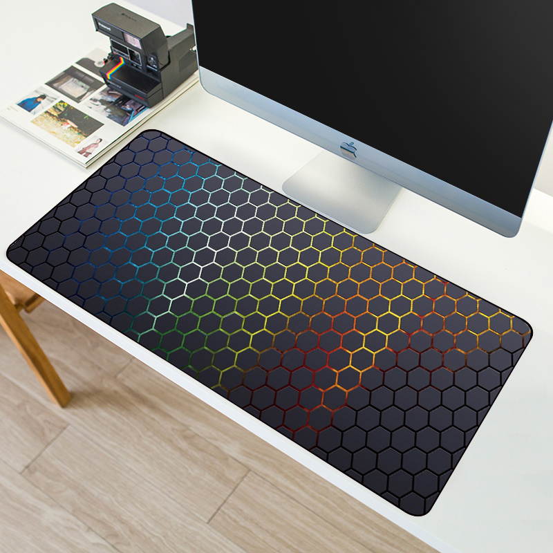 HISPETECH 80X30cm Hexagon Large Gaming Mouse Pad Locking Edge Natural Rubber Keyboard Mouse Mat Anti-slip PolygonTexture PC Keyboard Desk Pad XL