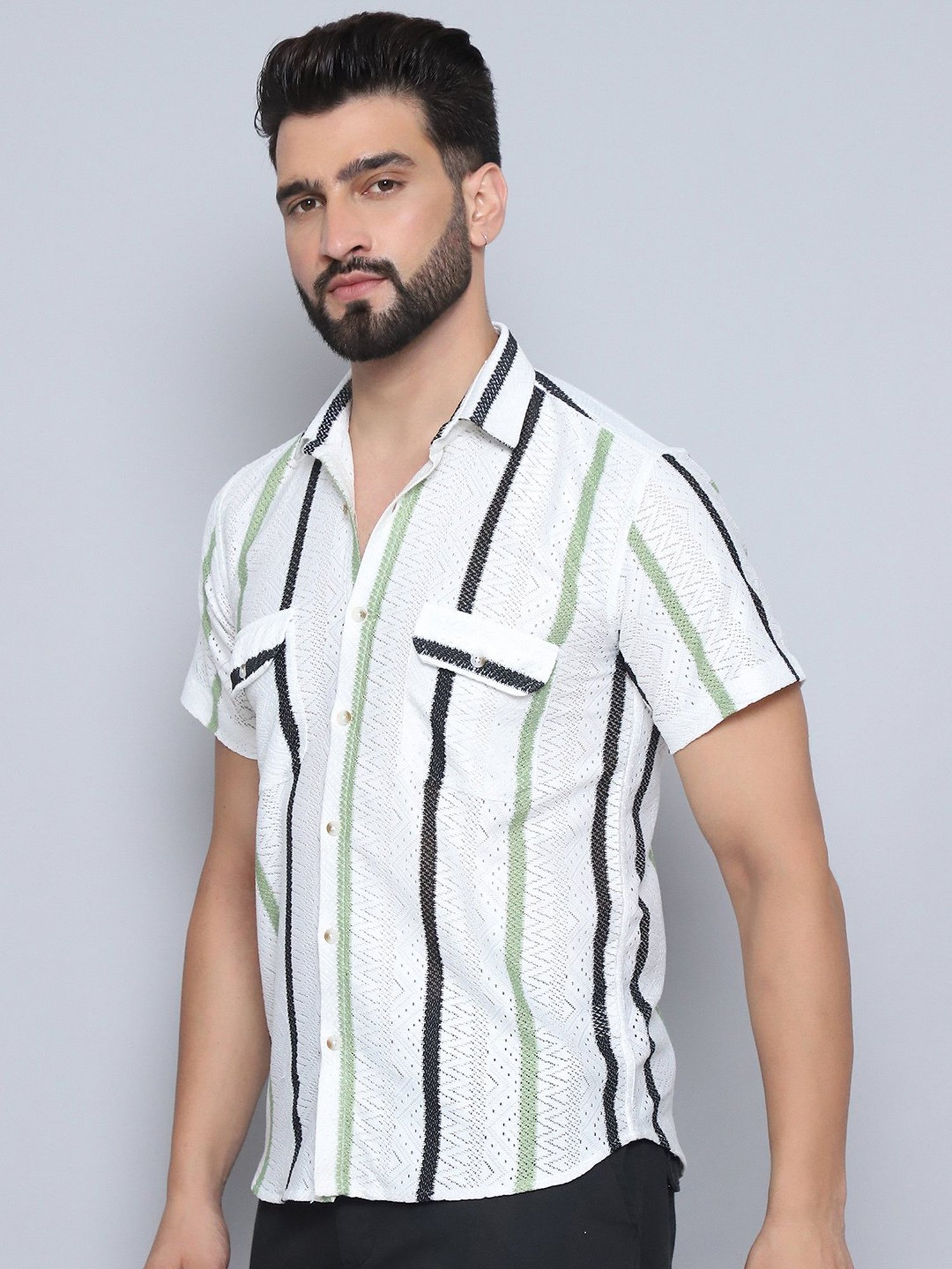 Indian Needle Green Polycotton Regular fit Stripes Casual Shirt