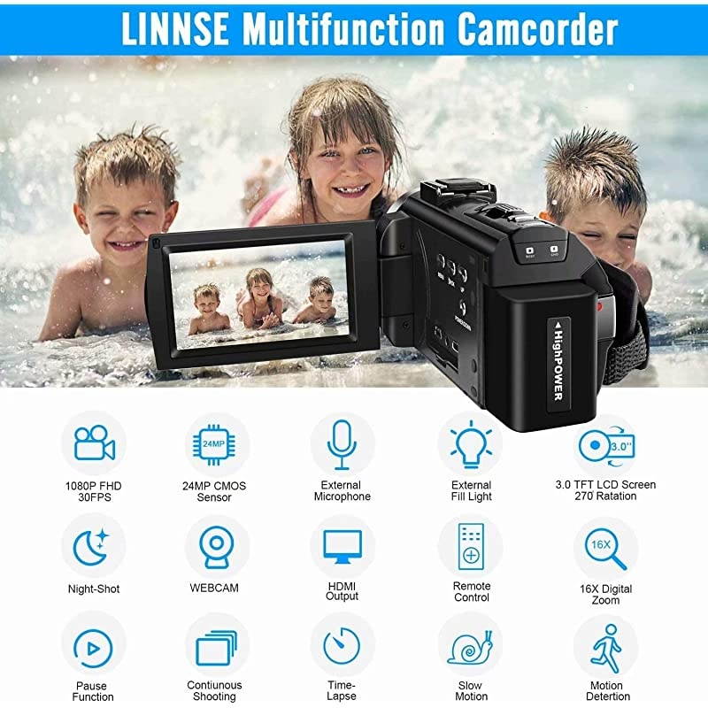 Video Camera Camcorder, Digital YouTube Vlogging Camera Recorder Full HD 1080P 15FPS 24MP 3.0 Inch 270 Degree Rotation LCD 16X Digital Zoom Camcorder and Battery Christmas
