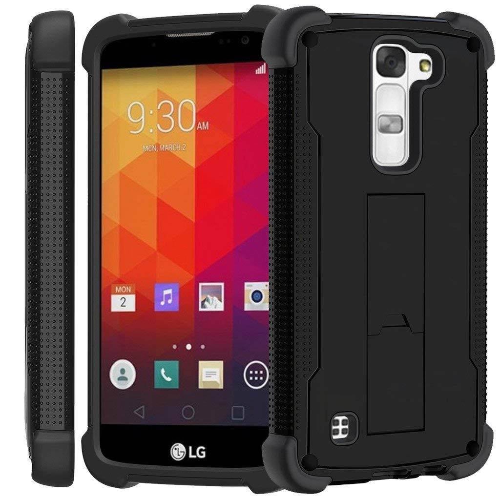TurtleArmor | LG K7 Case | Tribute 5 Case | Treasure Case [Grip Combat] Shockproof Kickstand Defender Case Military War Robot Design with Tempered Glass Screen Protector - Black