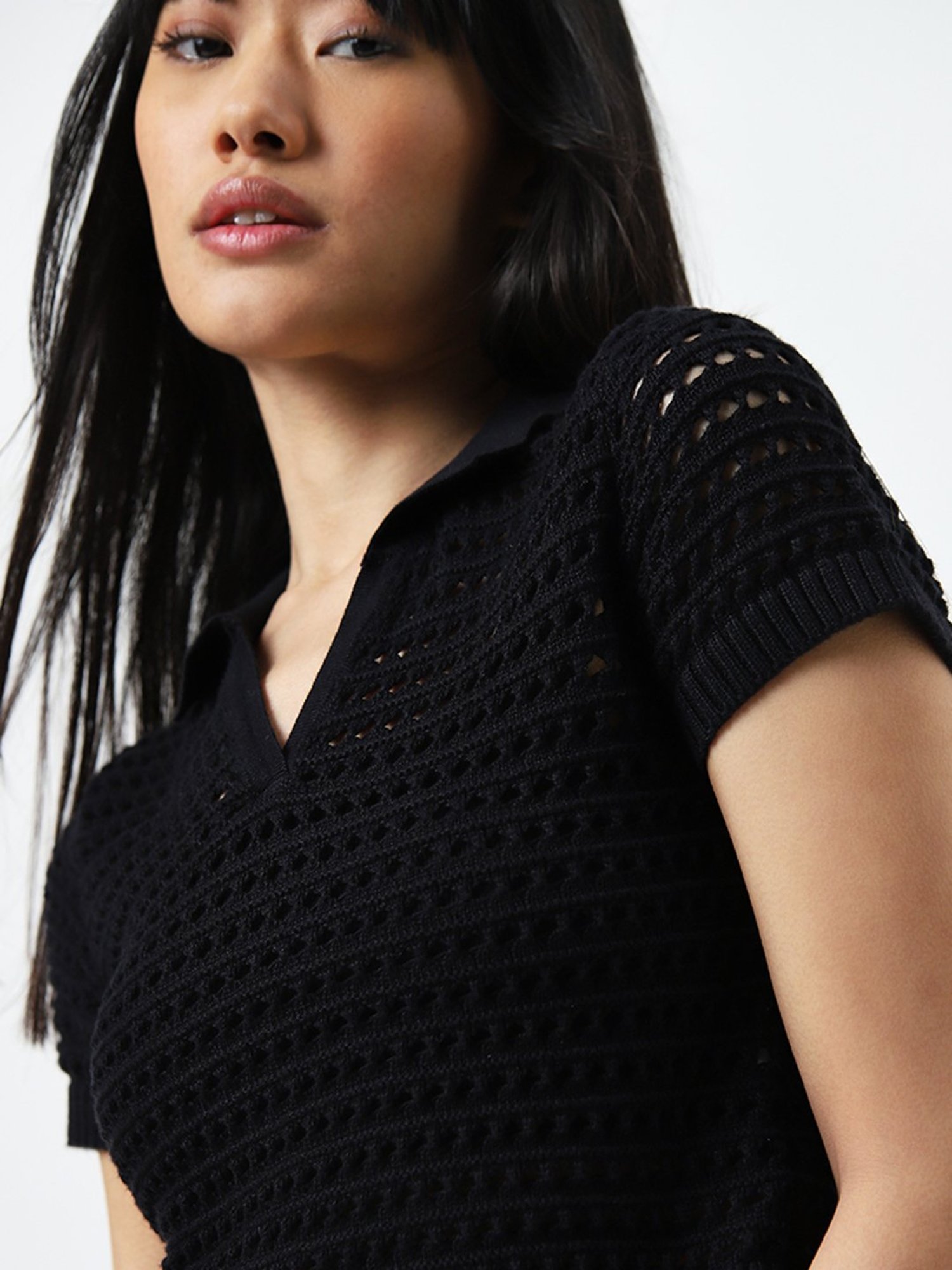 Nuon by Westside Black Crochet Detailed Cotton Top