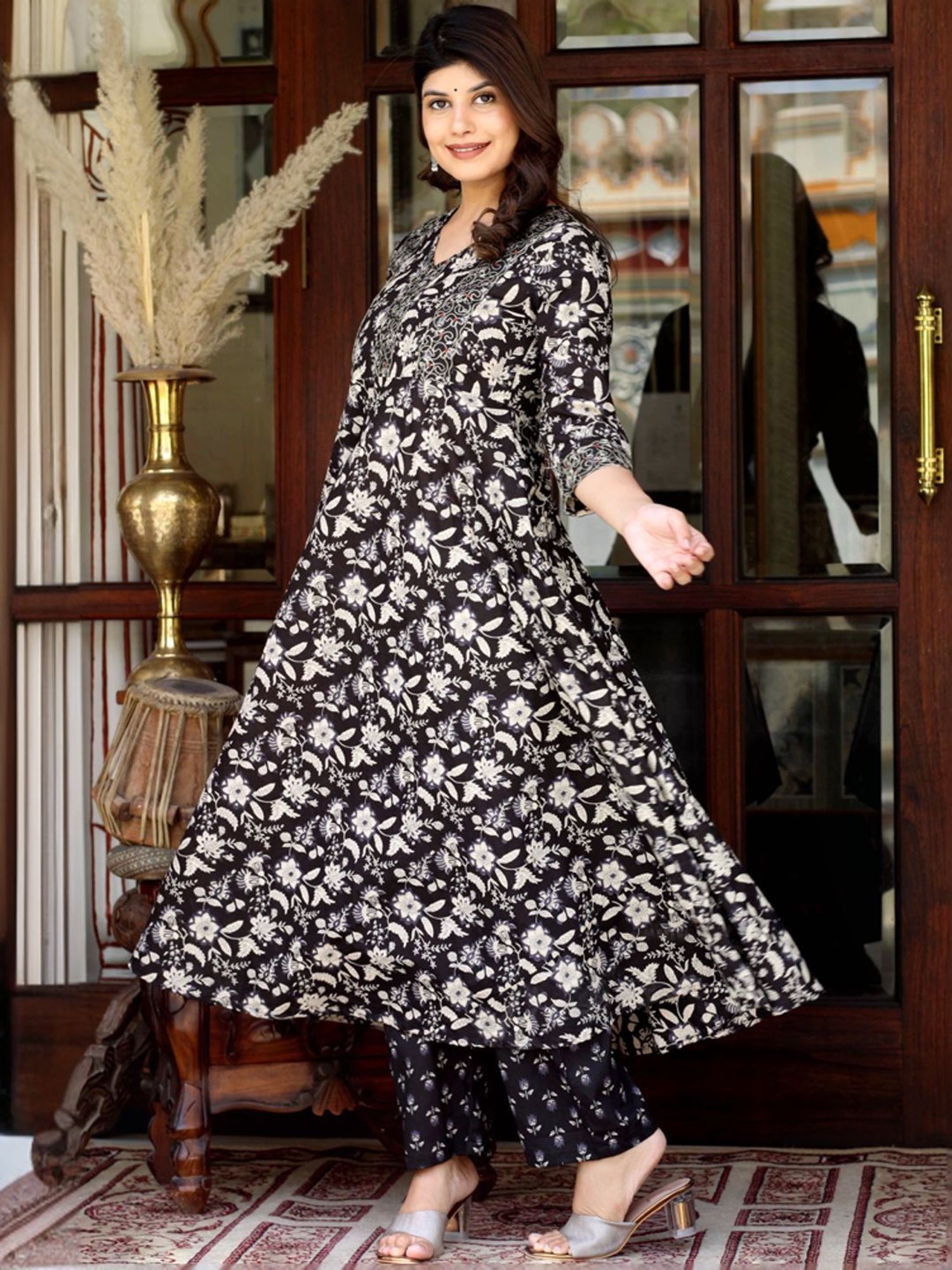 Miravan Black & White Cotton Embroidered Kurta Palazzo Set