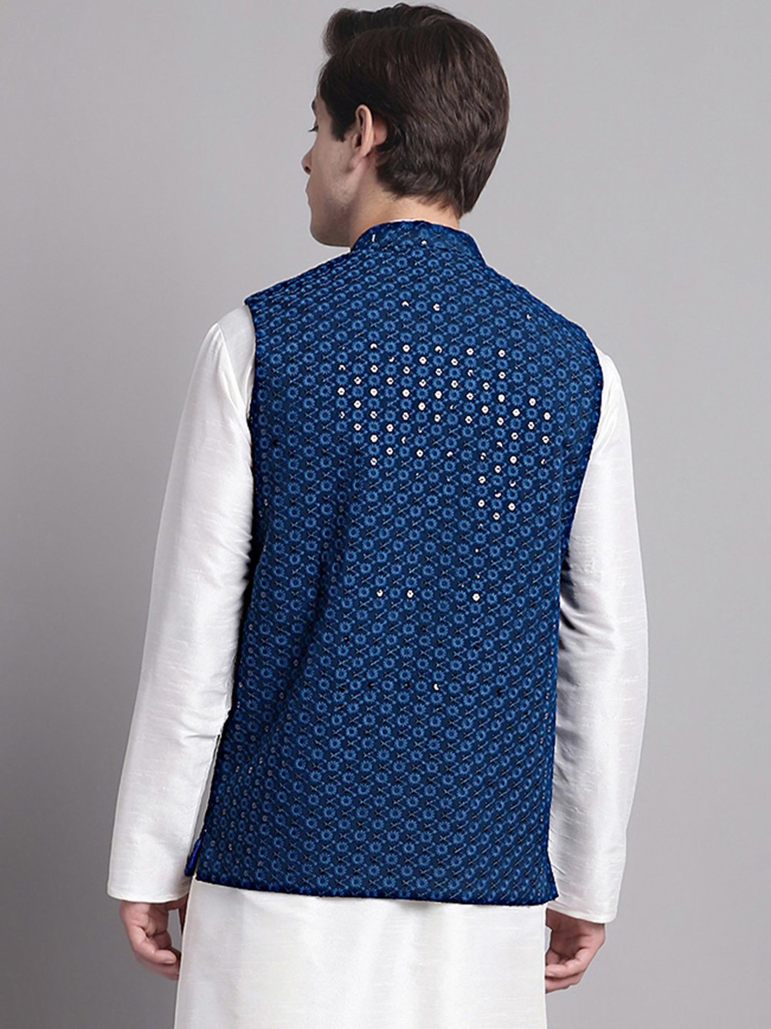 Jompers Navy Regular Fit Embroidered Nehru Jacket