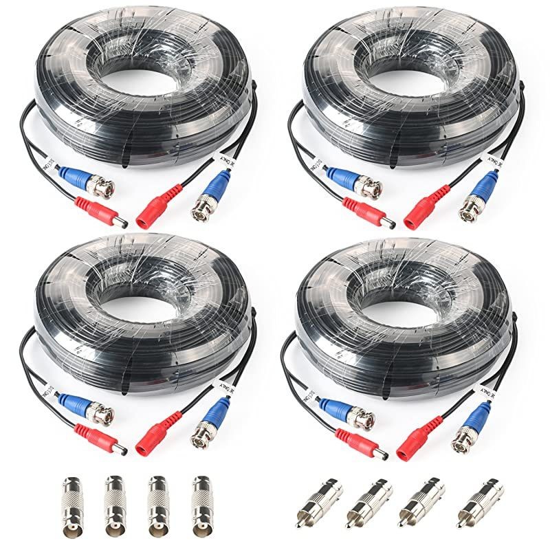 4Pack 65Feet BNC Vedio Power Cable Pre-Made Al-in-One Camera Video BNC Cable Wire Cord for Surveillance CCTV Security System with Connectors(BNC Female and BNC to RCA)