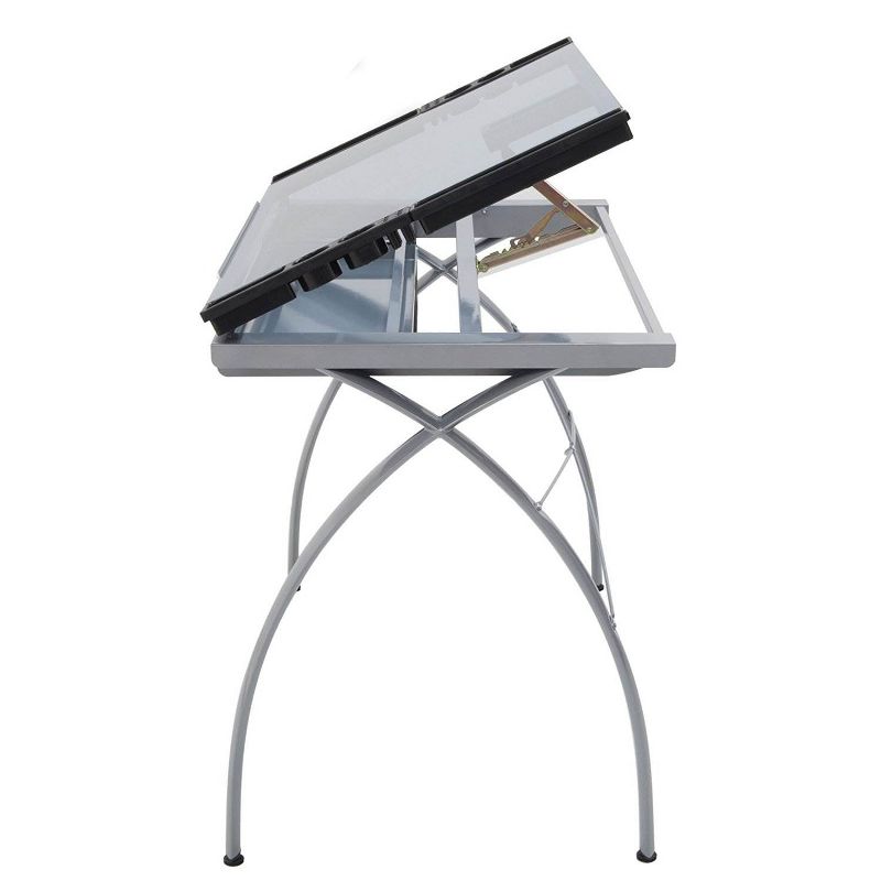 Studio Design Futura Craft Station Tempered Silver Blue Glass Drawing Table