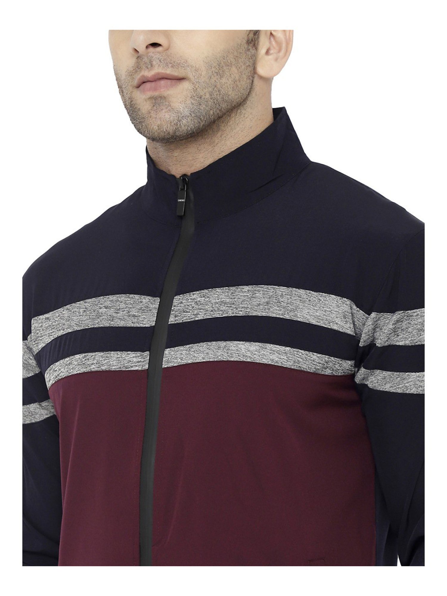 Chkokko Navy & Maroon Regular Fit Colour Block Sports Jacket