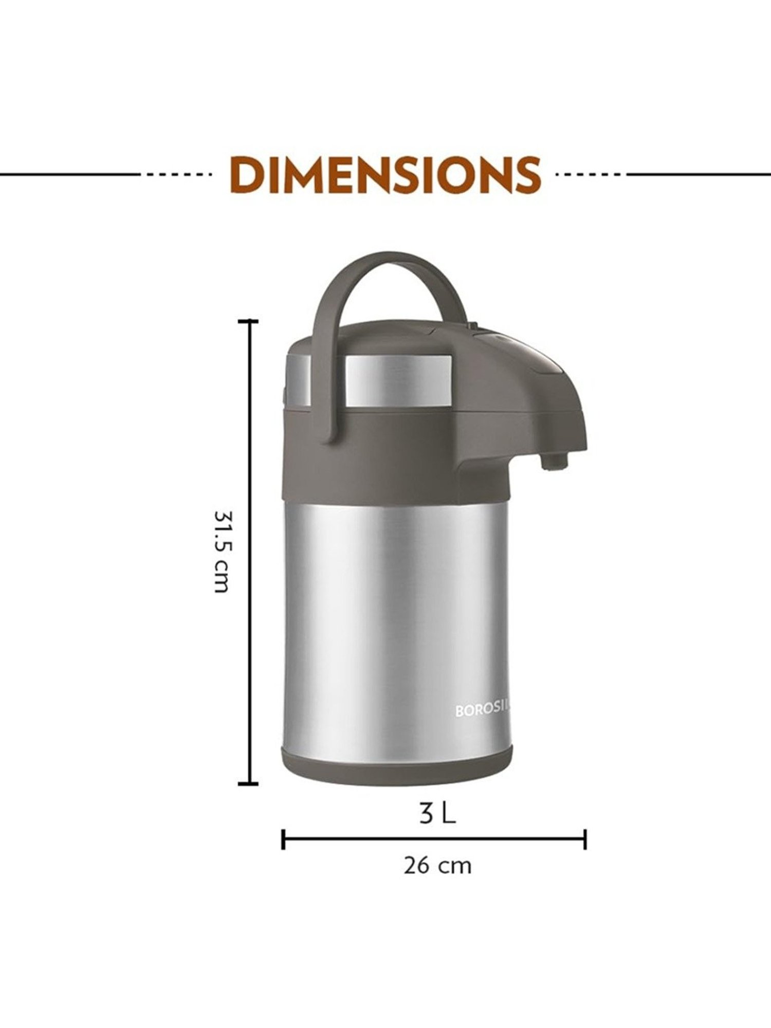 Borosil Silver Stainless Steel Thermos Flask 3L with 24 Hrs Hot & Cold Tea Coffee Serving