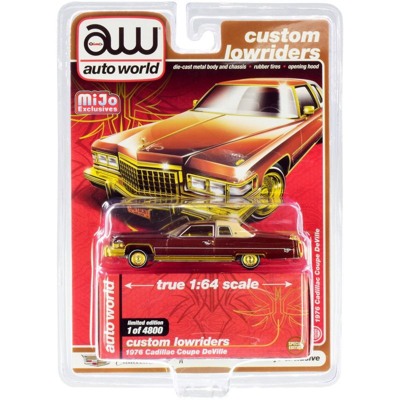 1976 Cadillac Coupe DeVille Burgundy and Cream with Gold Wheels "Custom Lowriders" Limited Edition to 4800 pieces 1/64 Diecast Model Car by Autoworld