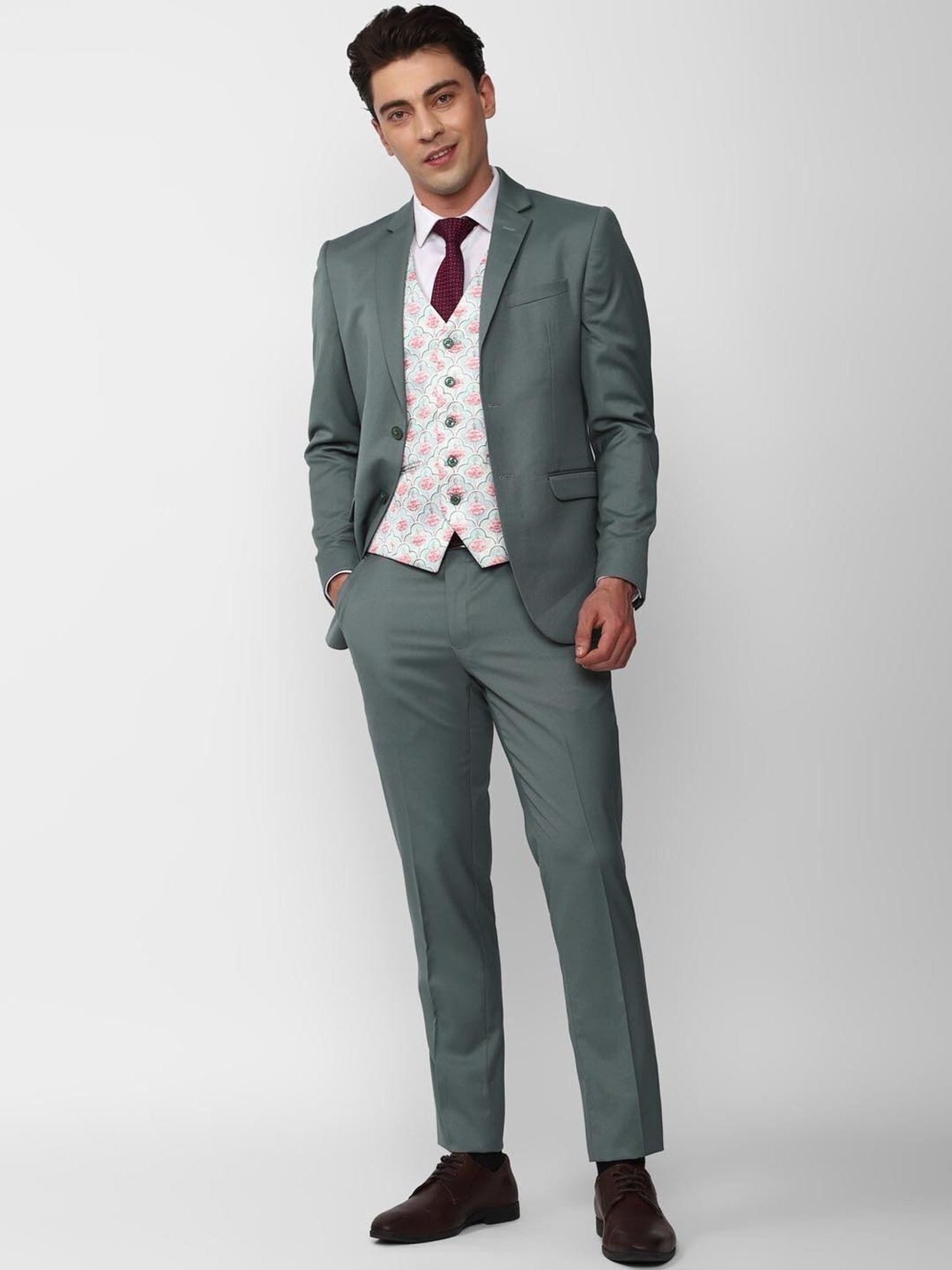 Peter England Elite Grey Slim Fit Three Piece Suit