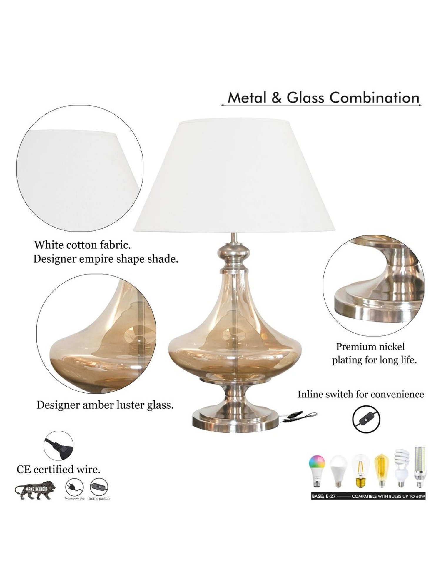 Kapoor Lamp Shades Gold & White Glass Delicea Luster & Cotton Shade Table Lamp