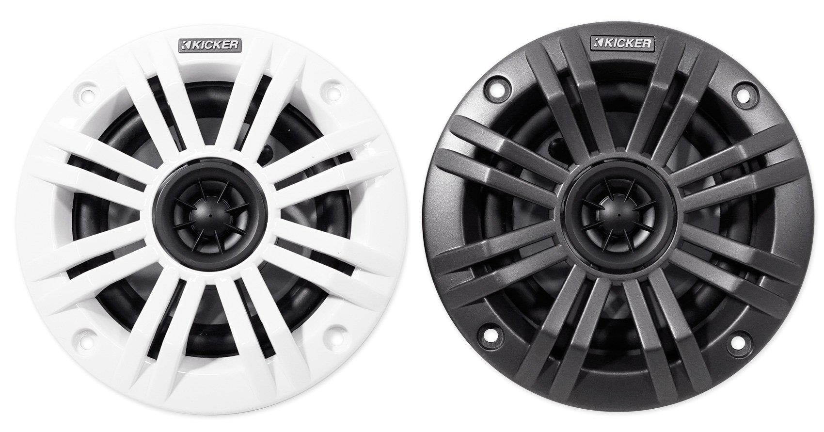 Kicker KM4 4-Inch (100mm) Marine Coaxial Speakers with 1/2-Inch (13mm) Tweeters, 2-Ohm, Charcoal and White Grilles