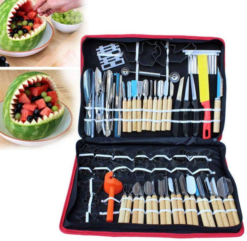 TFCFL Portable 80 Pcs/Set Kitchen Vegetable Fruit Chiseling Carving Tool Kit Alloy Steel Rust-proof Chef Cooking Carving Tools Knife Graver & black bag