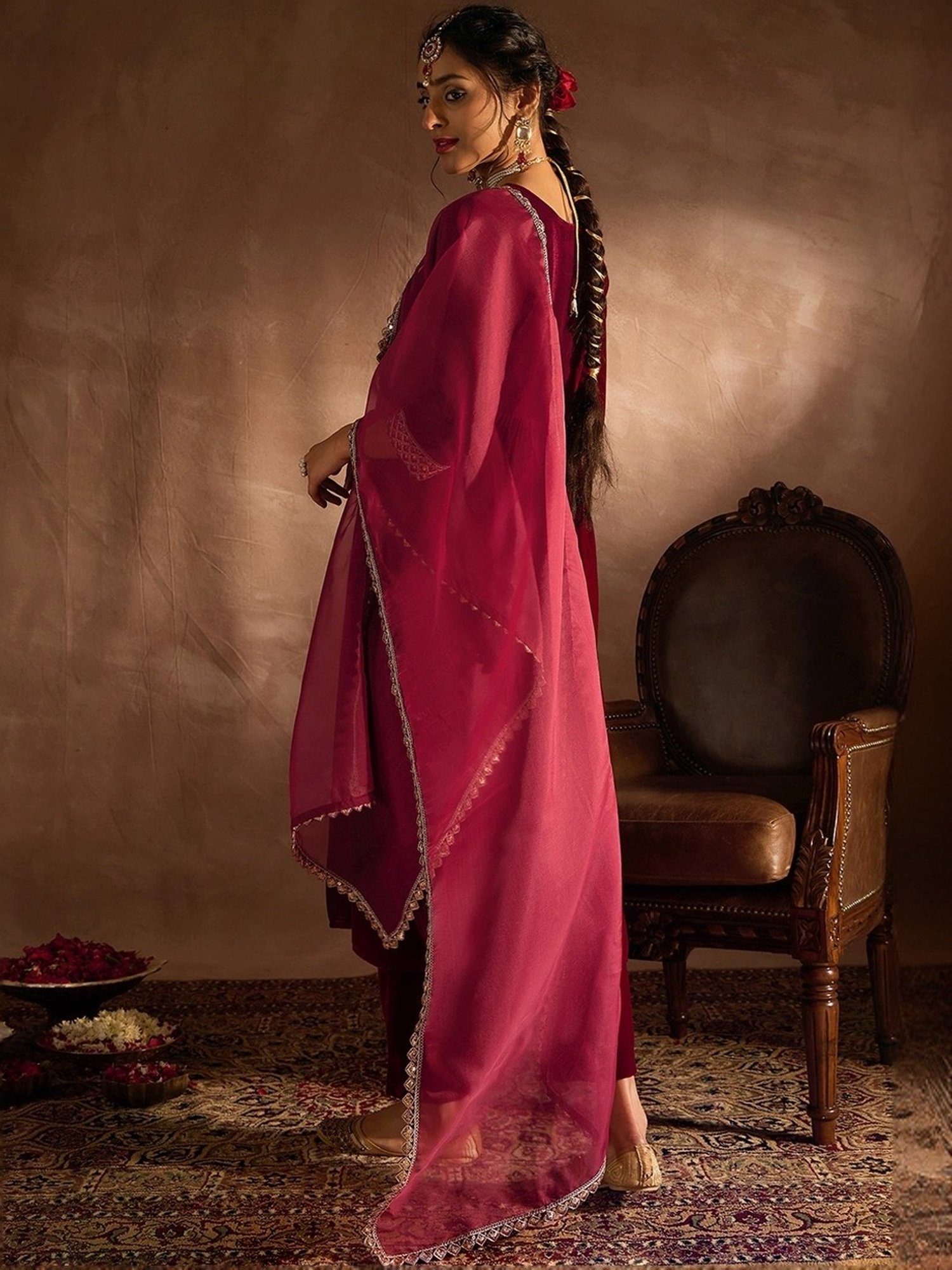 Indo Era Maroon Embellished Kurta Pant Set With Dupatta