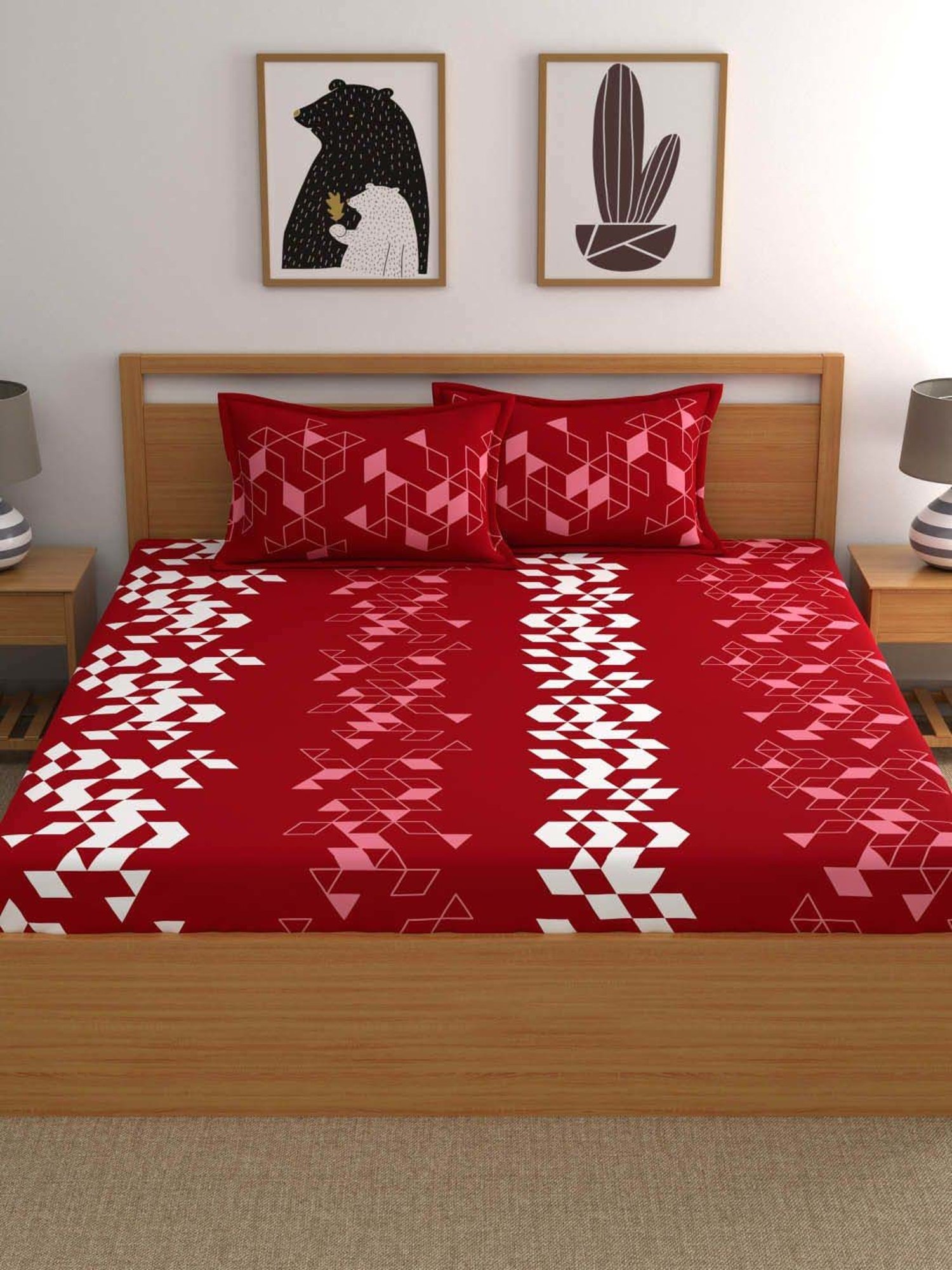 Dreamscape Red Cotton 140 TC King Bedsheet with 2 Pillow Covers