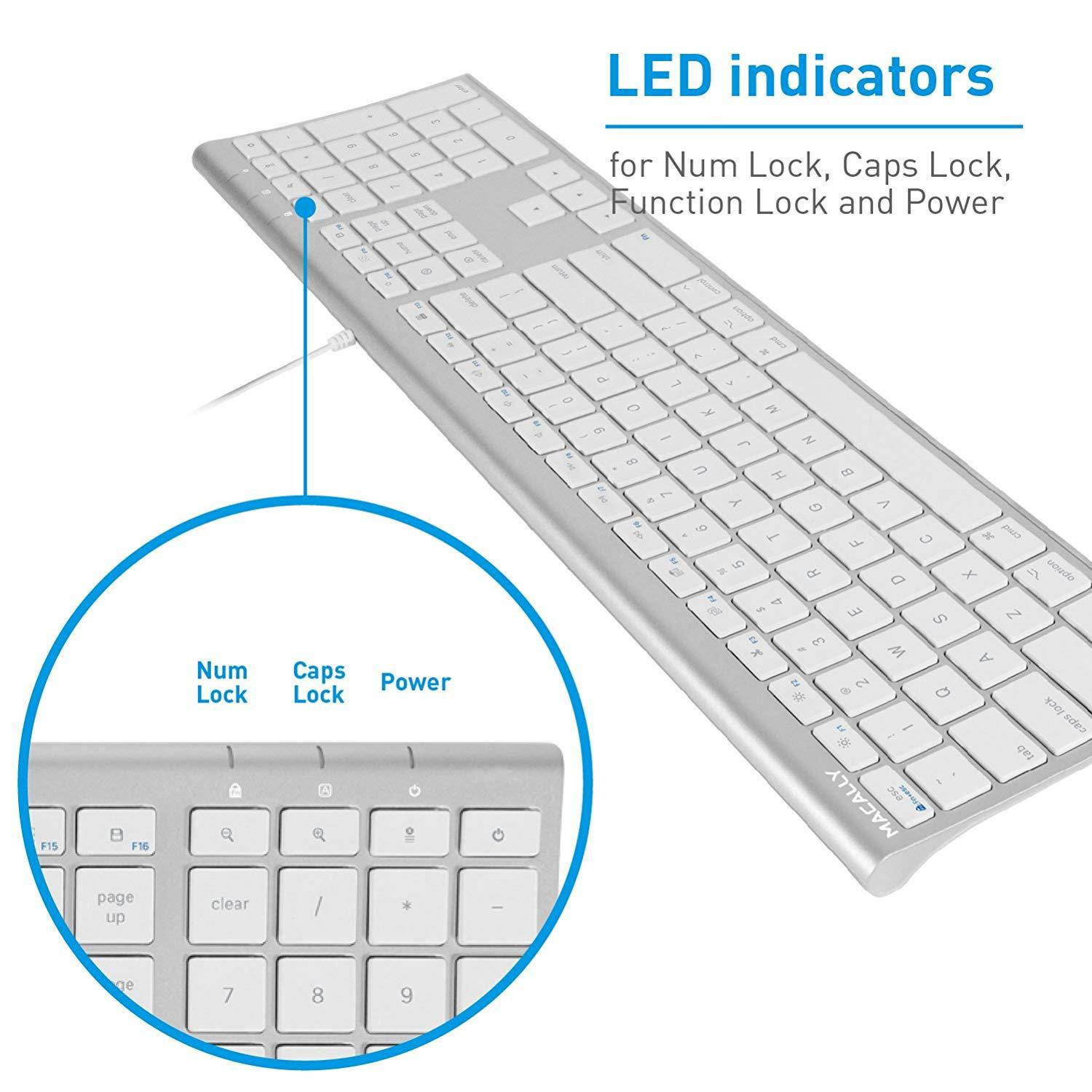 Macally Ultra-Slim USB Wired Computer Keyboard for Apple MacBook Pro/Air, iMac, Mac Mini, Mac Pro, Windows PC Laptops/Desktops and Notebooks | Plug and Play - No Drivers | Silver Finish (ACEKEYA)