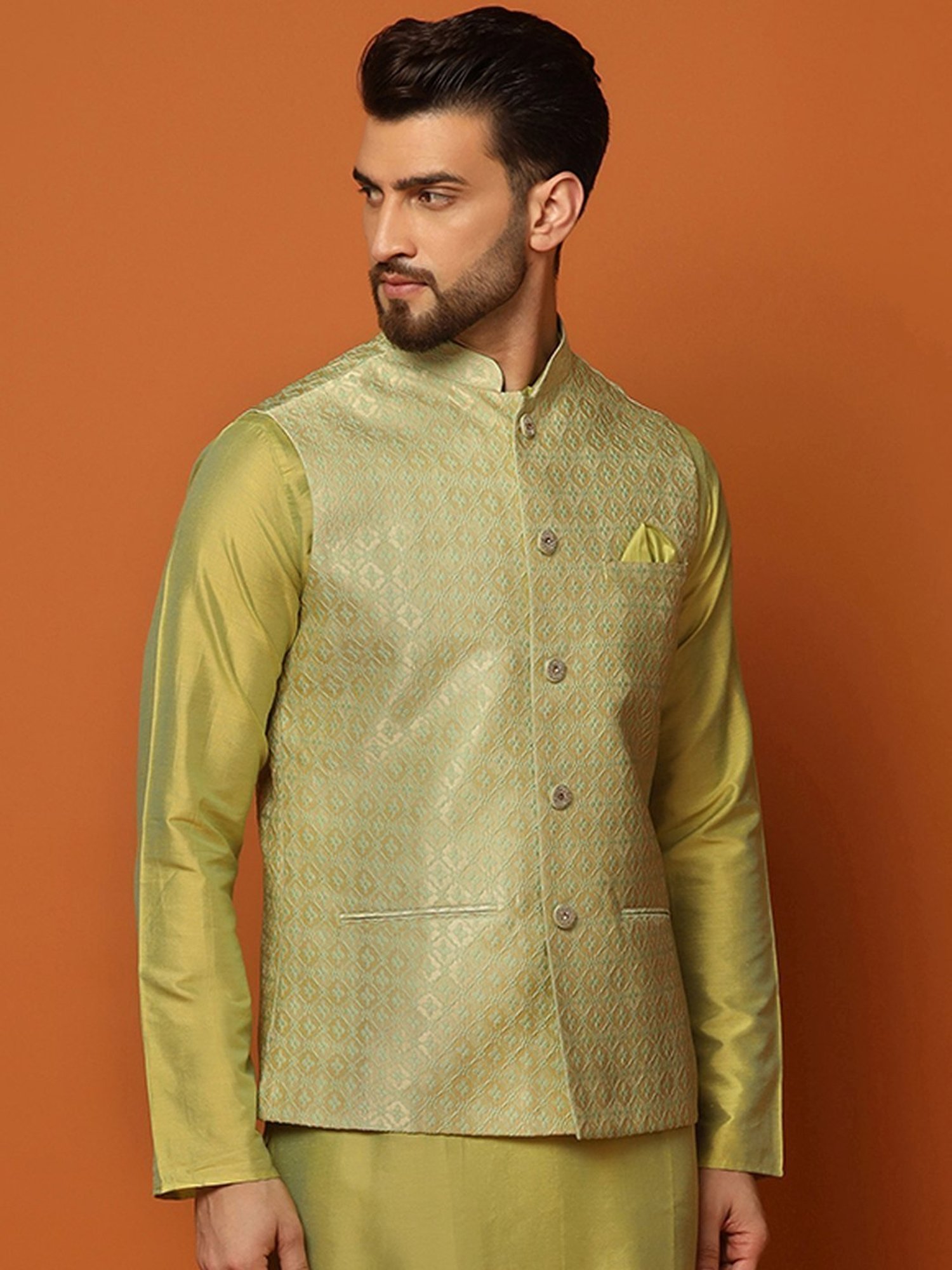 KISAH Green Regular Fit Self Pattern Nehru Jacket