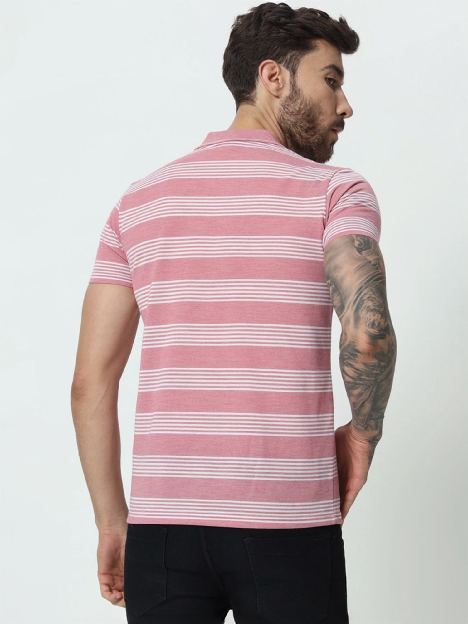 Tab91 Pink Regular Fit Striped Polo T-Shirts
