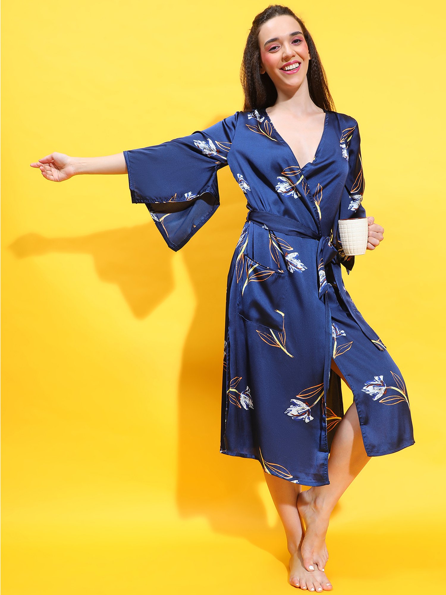 Oxolloxo Navy Satin Printed Night Dress