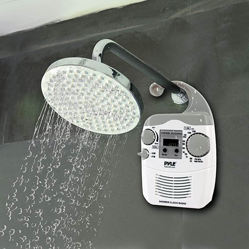 Hanging Waterproof Shower Clock Radio Wireless Mini Portable Waterproof Battery Operated Shower Radio Speaker w Digital Clock LCD Screen for Home Beach Hot Tub Bathroom Outdoor  PSR6