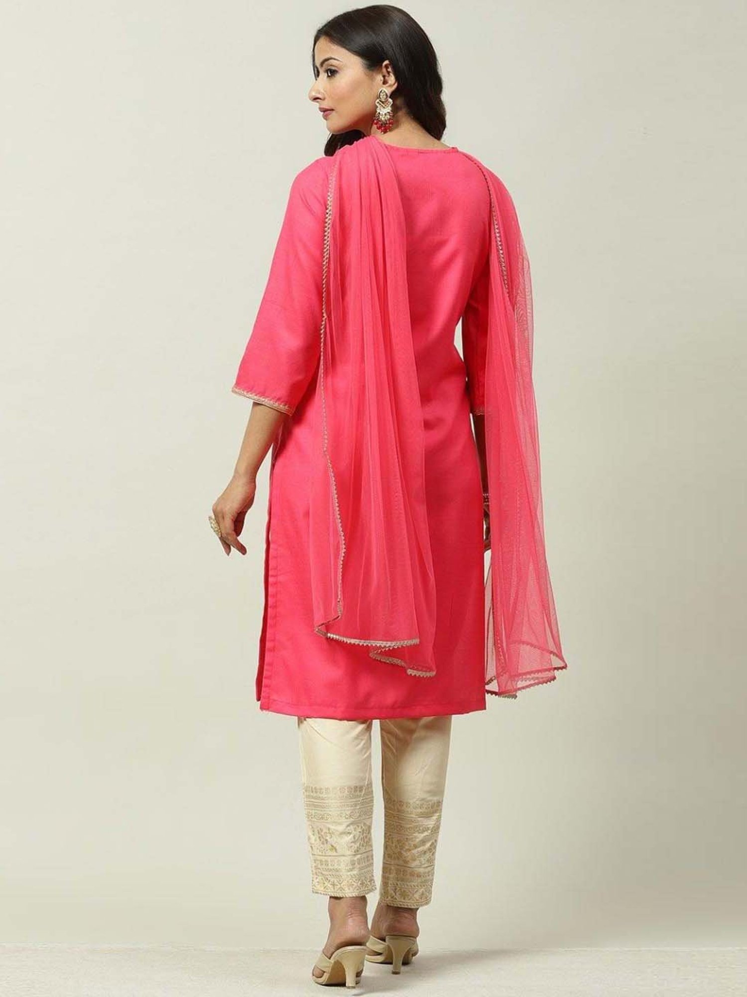 Biba Pink & Beige Cotton Embroidered Kurta Pant Set With Dupatta