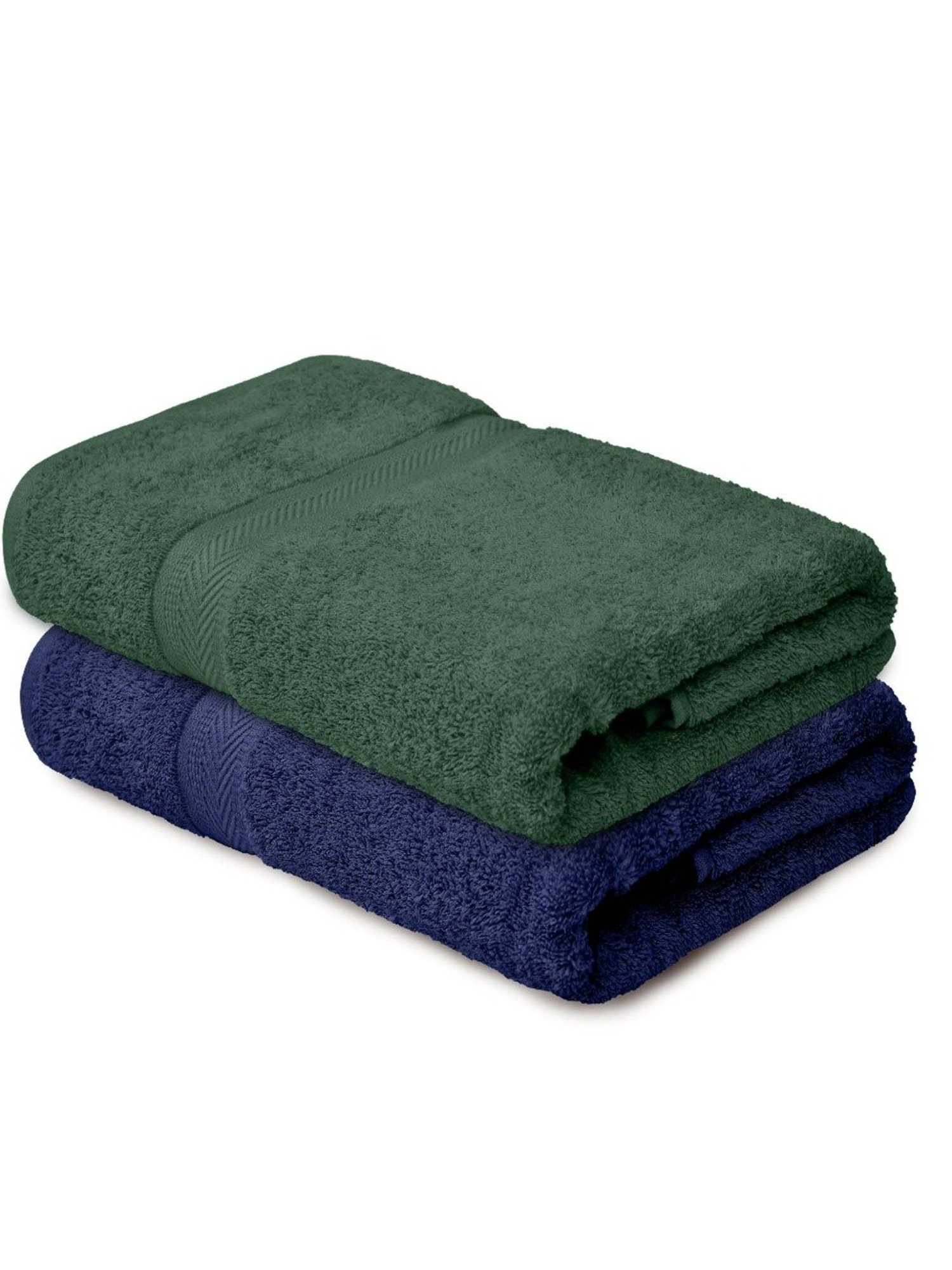 Haus & Kinder Self Navy Blue & Olive 500 GSM Cotton Bath Towel - Set of 2