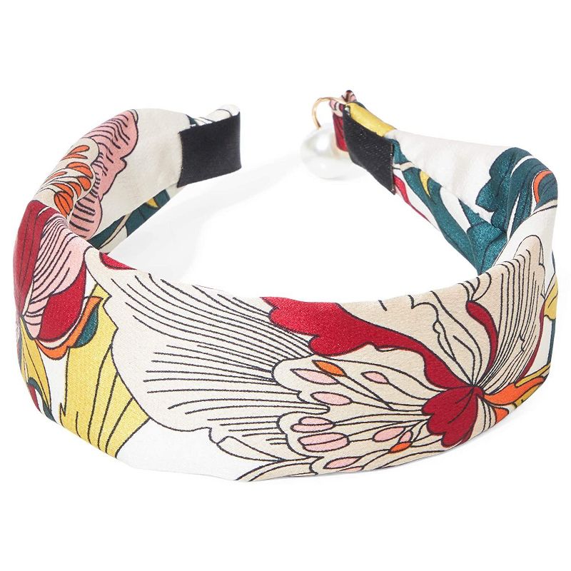 Glamlily 2 Pack Vintage Boho Satin Women's Headbands, Floral Print with Pearls, 5 x 1.7 x 6 in