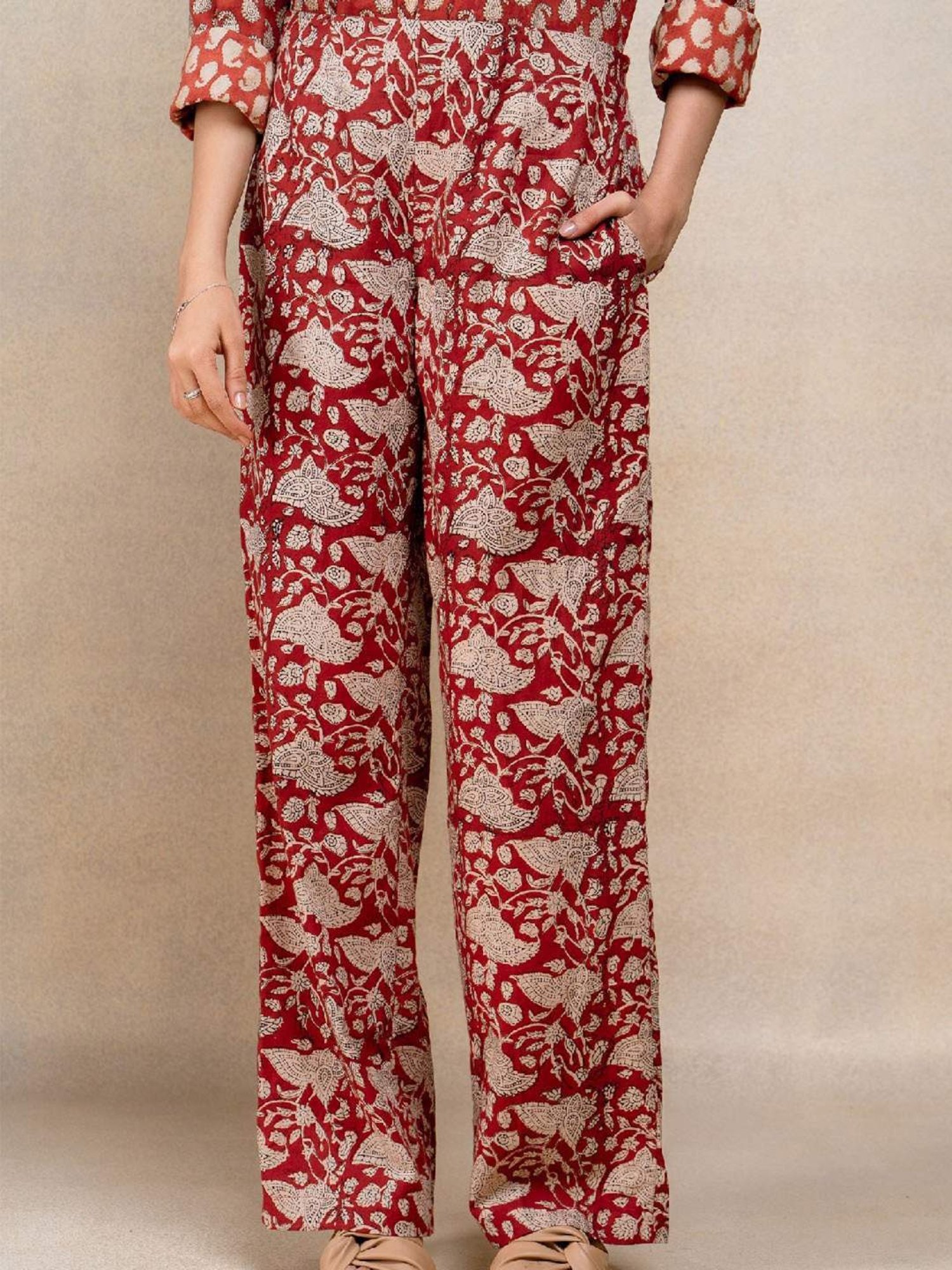 Okhai Red Floral Print Pure Cotton Pants