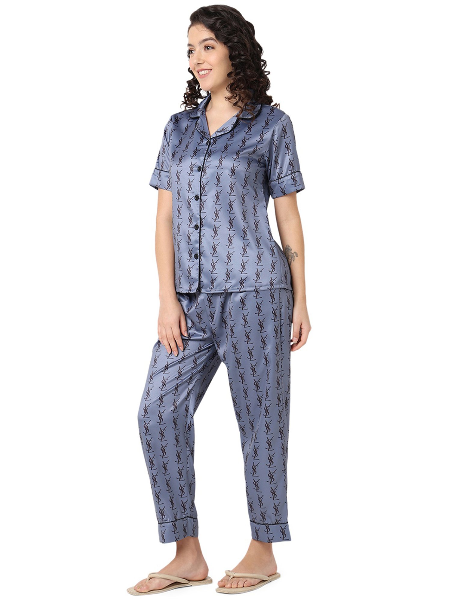 Smarty Pants Light Grey & Black Satin Printed Shirt With Pyjamas